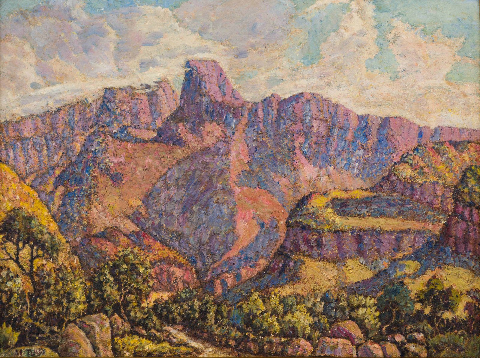 Mountain Landscape by Moses Tladi - oil painting of dramatic South African mountains in warm ochre and purple tones